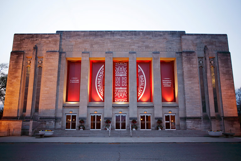 The IU Auditorium on the Bloomington campus, displaying the IU seal