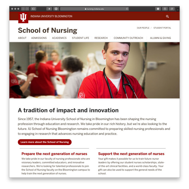 IU Bloomington School of Nursing website home page, with nursing students and the headline 'A tradition of impact and innovation'