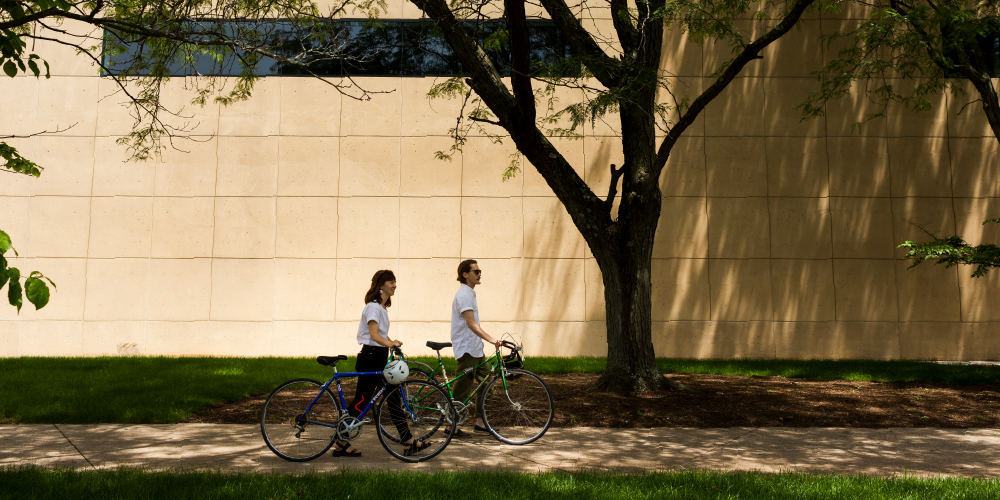 Two people walking bikes on campus