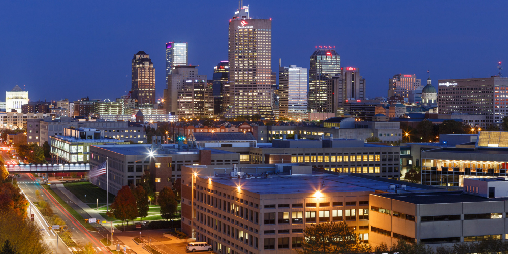 IUPUI and Indianapolis skyline at night