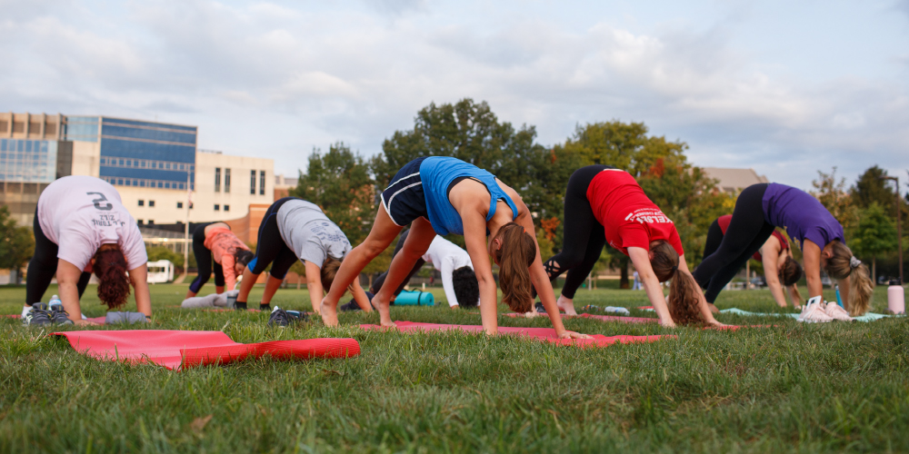 students outside in a lawn doing yoga