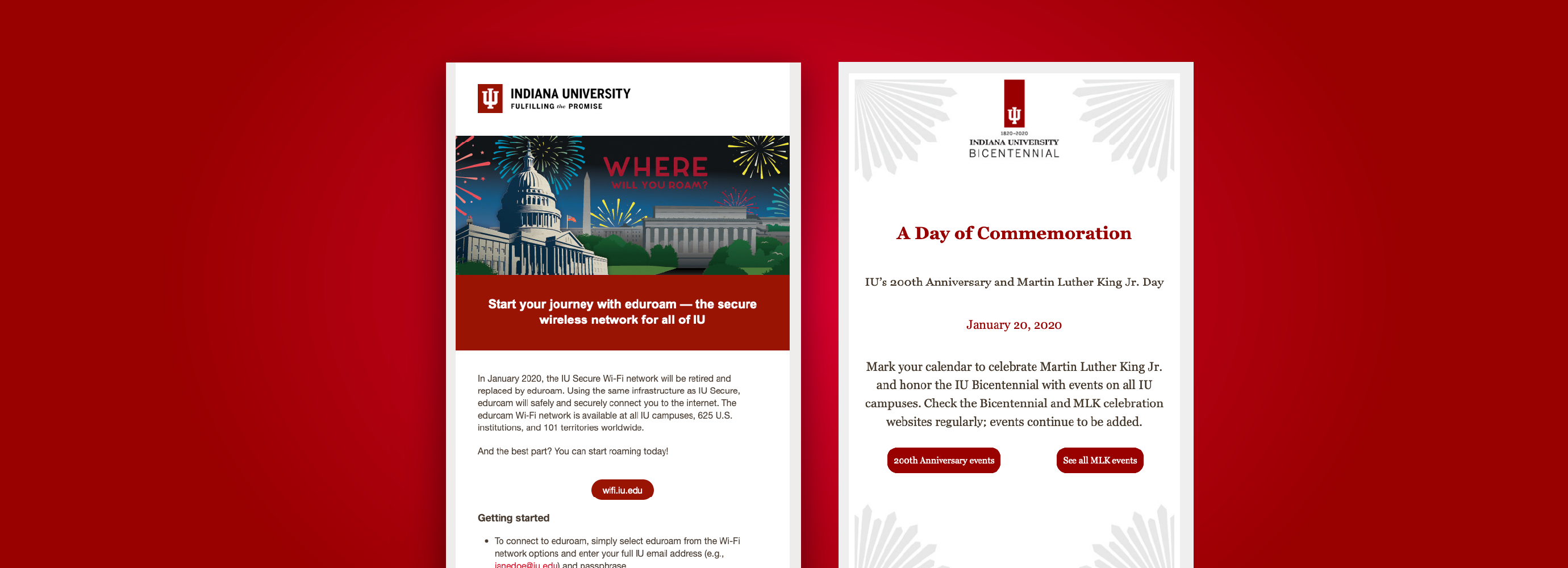 Two email examples on a red background