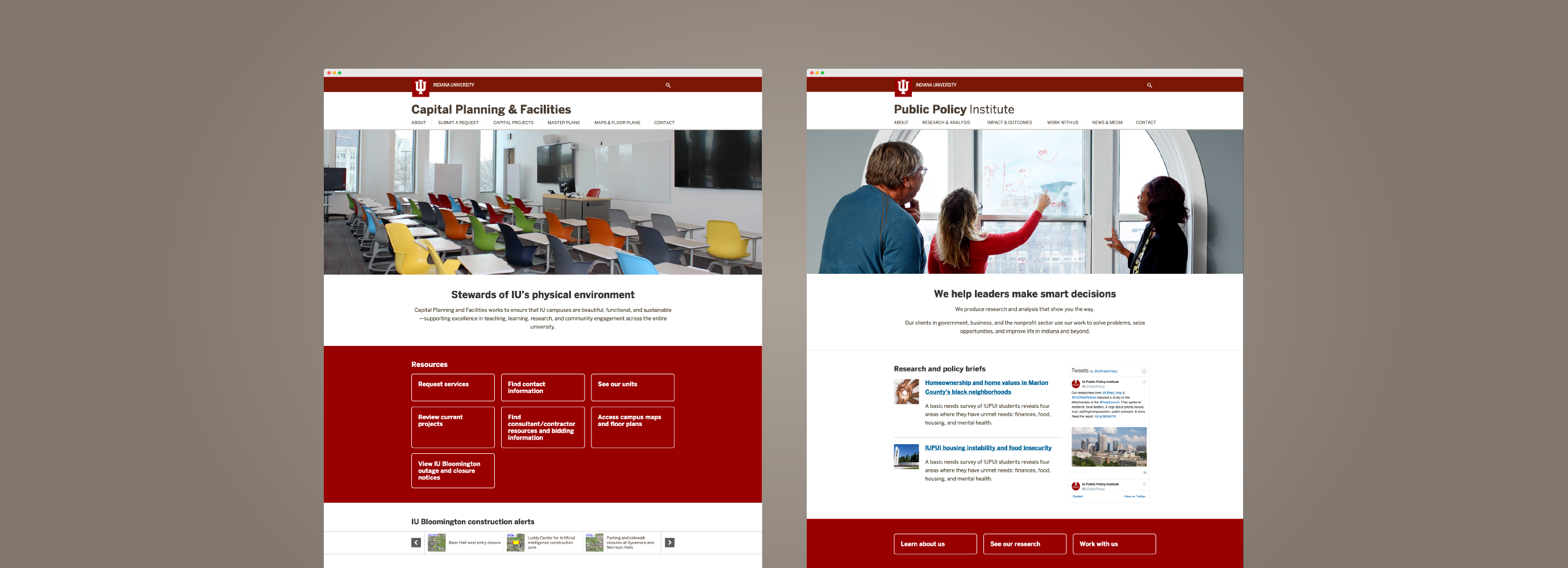 Examples of two webpages — Capital Planning & Facilities and the Public Policy Institute